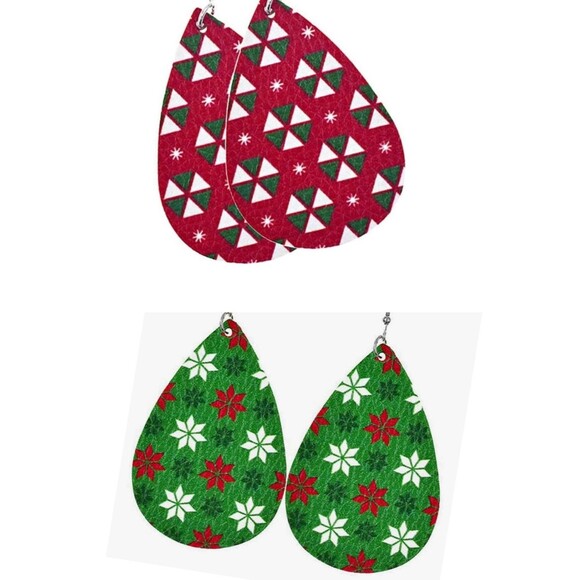 2 pr Teardrop Christmas Earrings Poinsettia & Candy Earrings Xmas Earrings - NEW - Picture 1 of 3